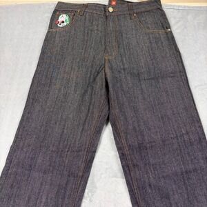 Y2K Grunge Ed Hardy Mens 38x32 Black Rose Skull Embroidered Raw Denim Jeans NEW
